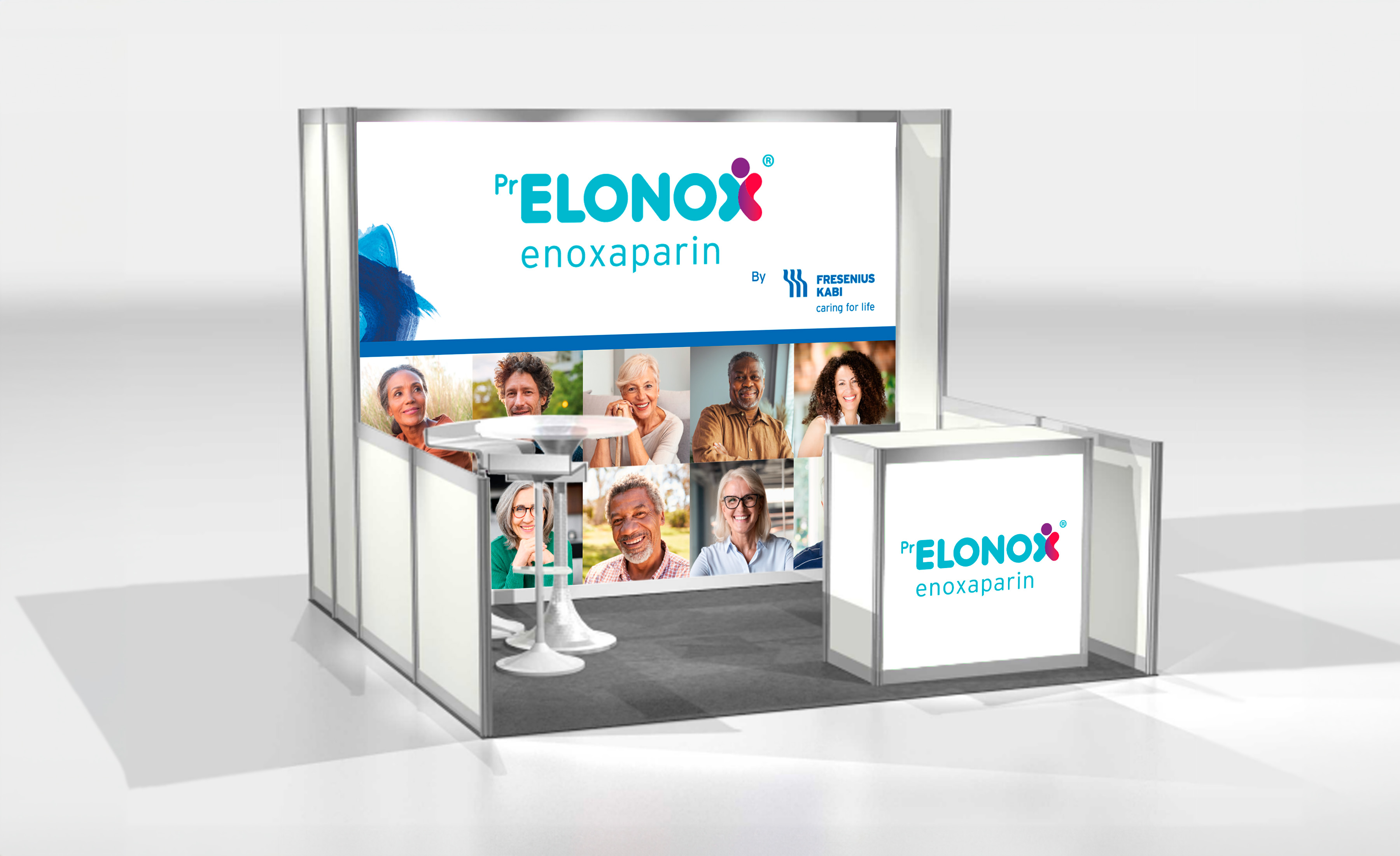 Branded healthcare exhibition booth with table and display area