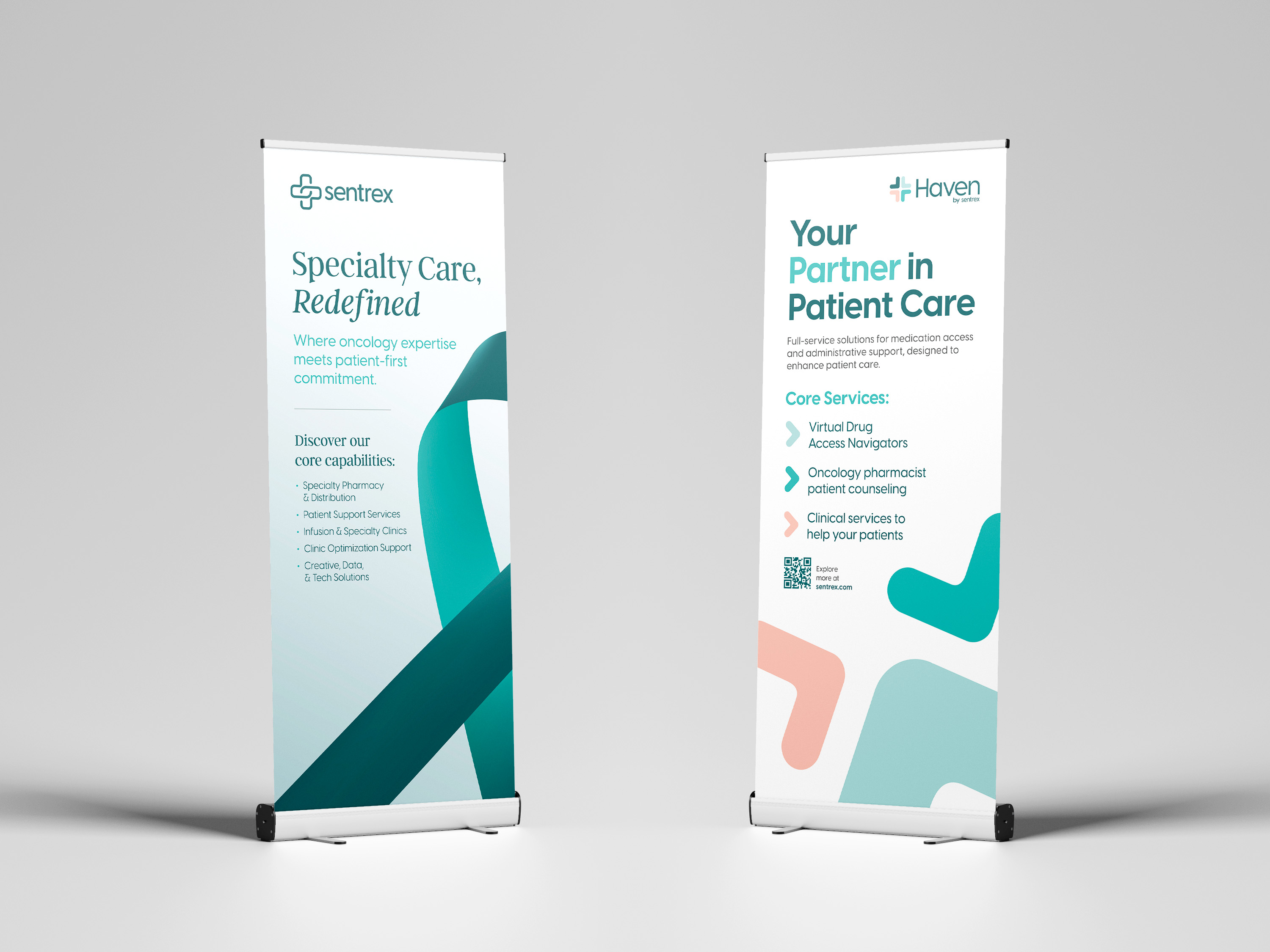 Healthcare conference banners showcasing Sentrex and Haven services